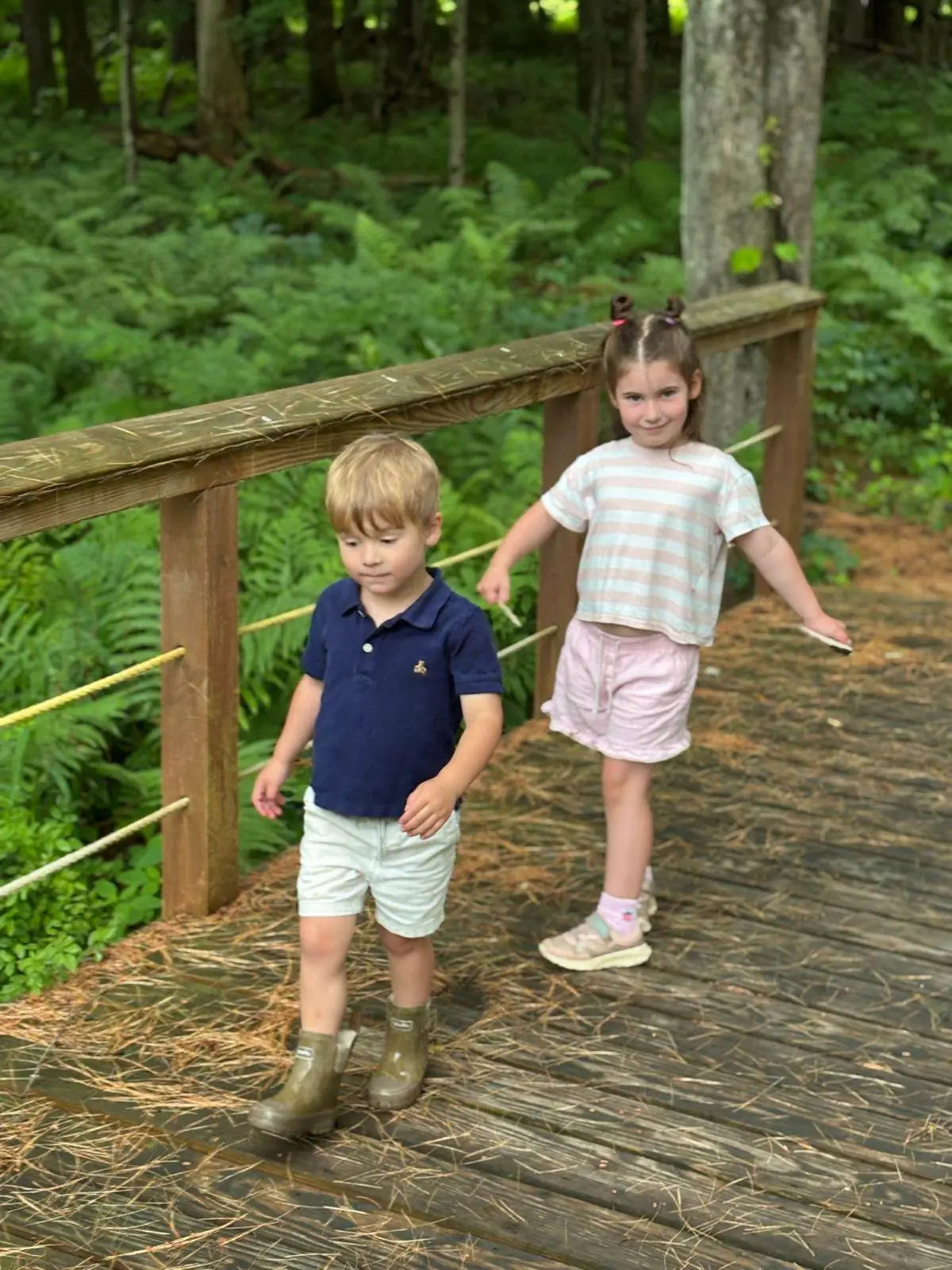 A child crossing a bridge on the trails near Rifugio Litchfield Hills