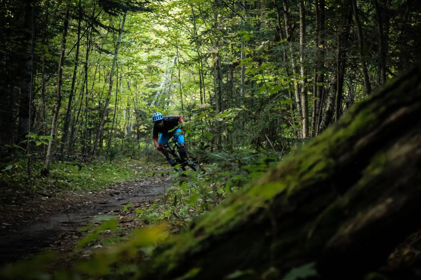 A guide leading a rider around a bermed corner on Kingdom Trails singletrack